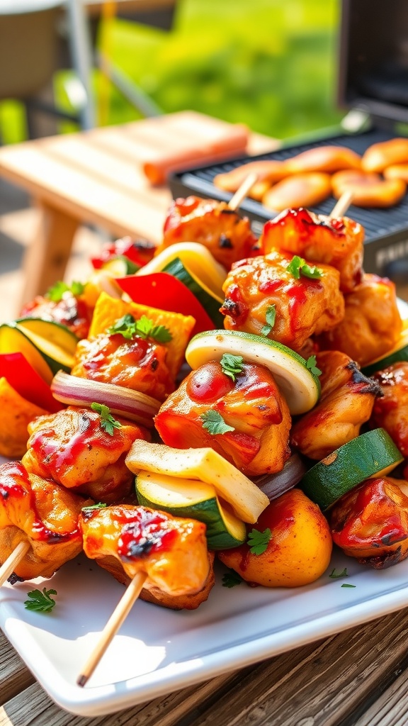 Kid-Friendly Barbecue Chicken Skewers Delicious barbecue chicken skewers with colorful vegetables, set against a sunny outdoor backdrop.